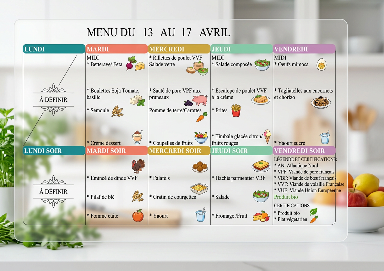menu du 13 au 17 avril 2026